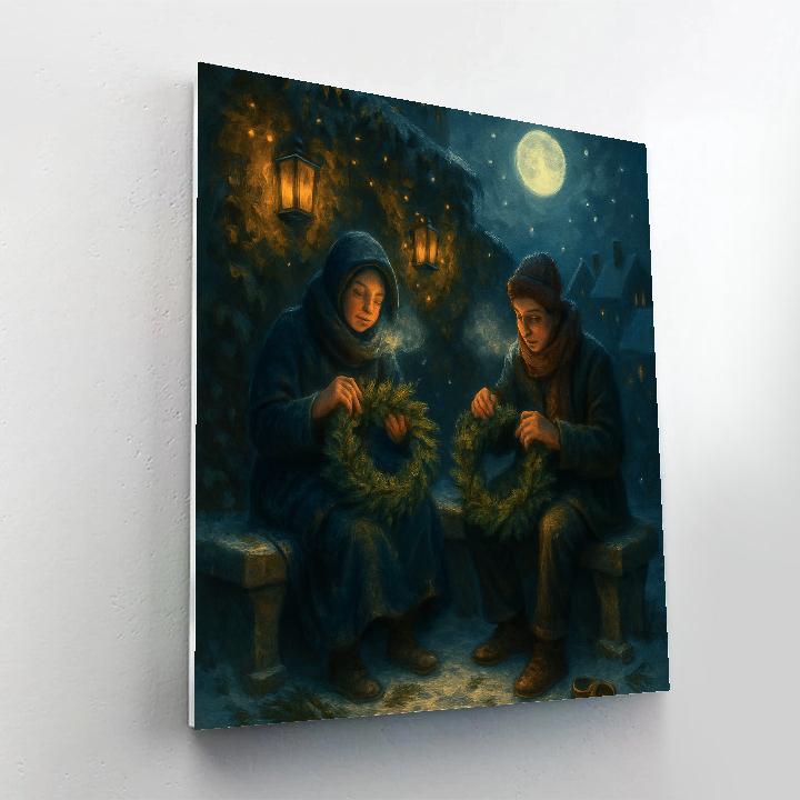 Moonlit Wreath Makers In The Snowy Courtyard Paint by numbers kits