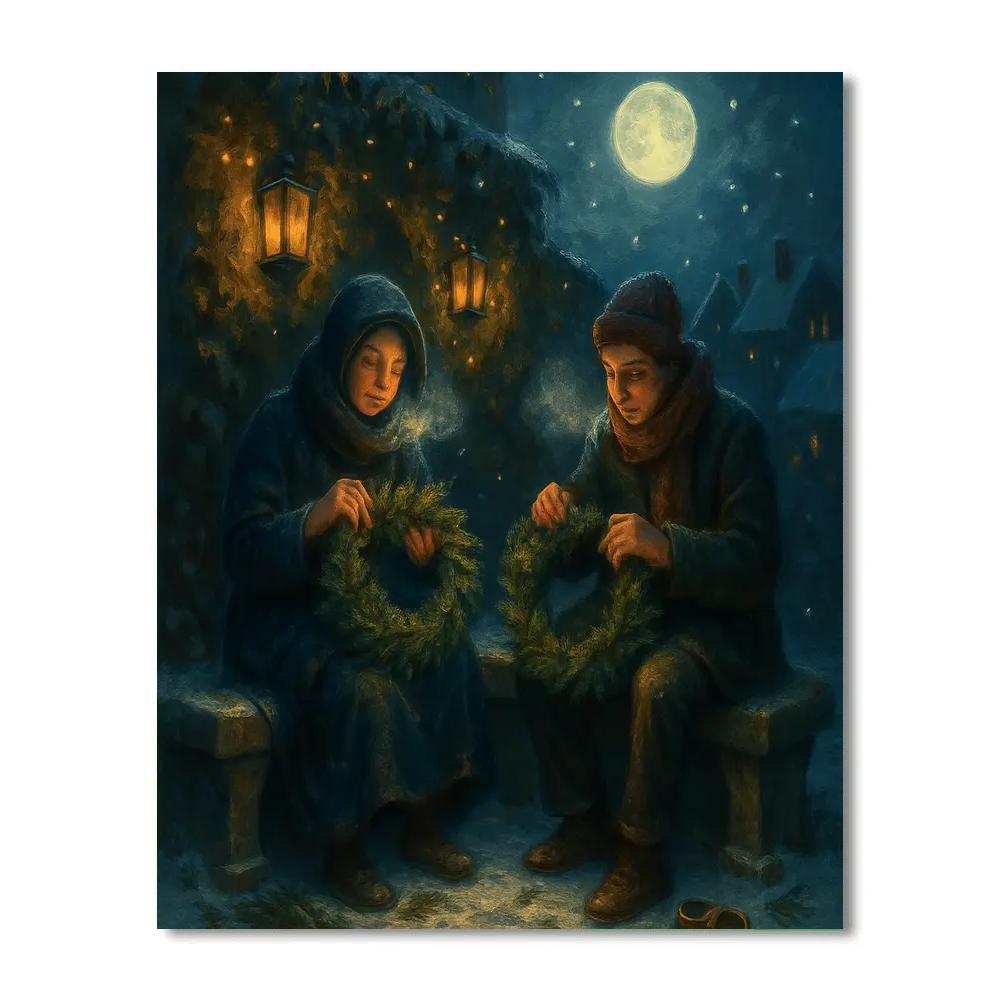 Moonlit Wreath Makers In The Snowy Courtyard Paint by numbers kits