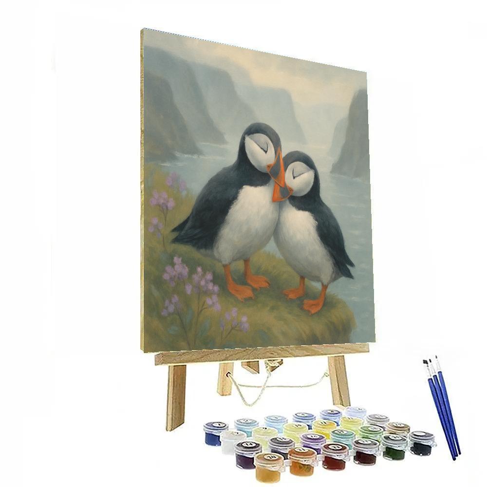 Misty Fjord Puffins At The Sea Lavender Ledge Number painting