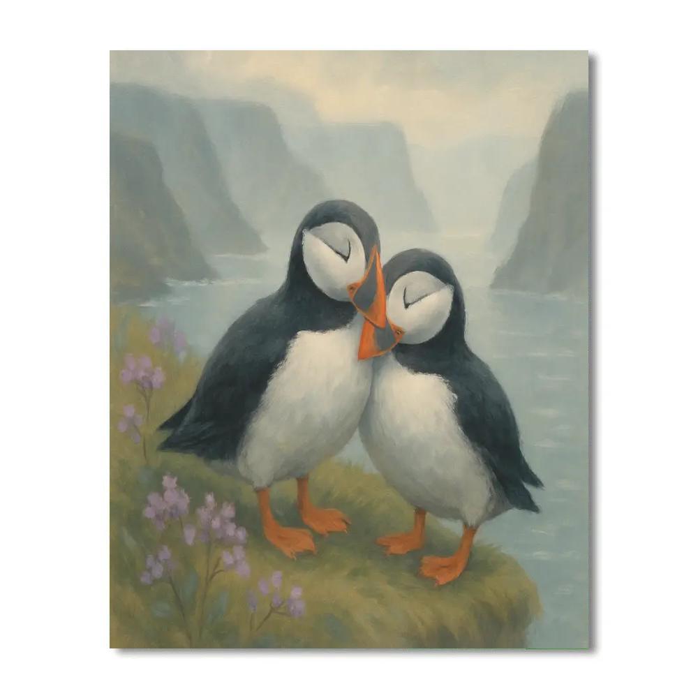 Misty Fjord Puffins At The Sea Lavender Ledge Number painting