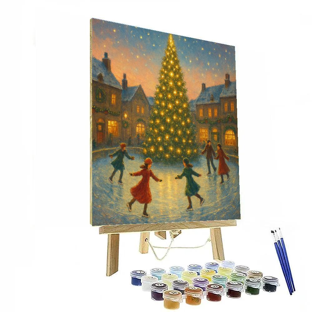 Ice Skaters Around The Glowing Pine Tree Fountain Paint by numbers art