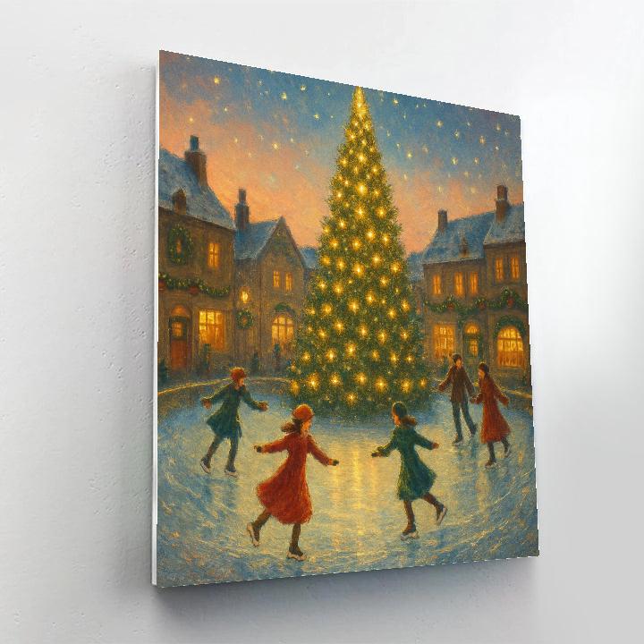 Ice Skaters Around The Glowing Pine Tree Fountain Paint by numbers art