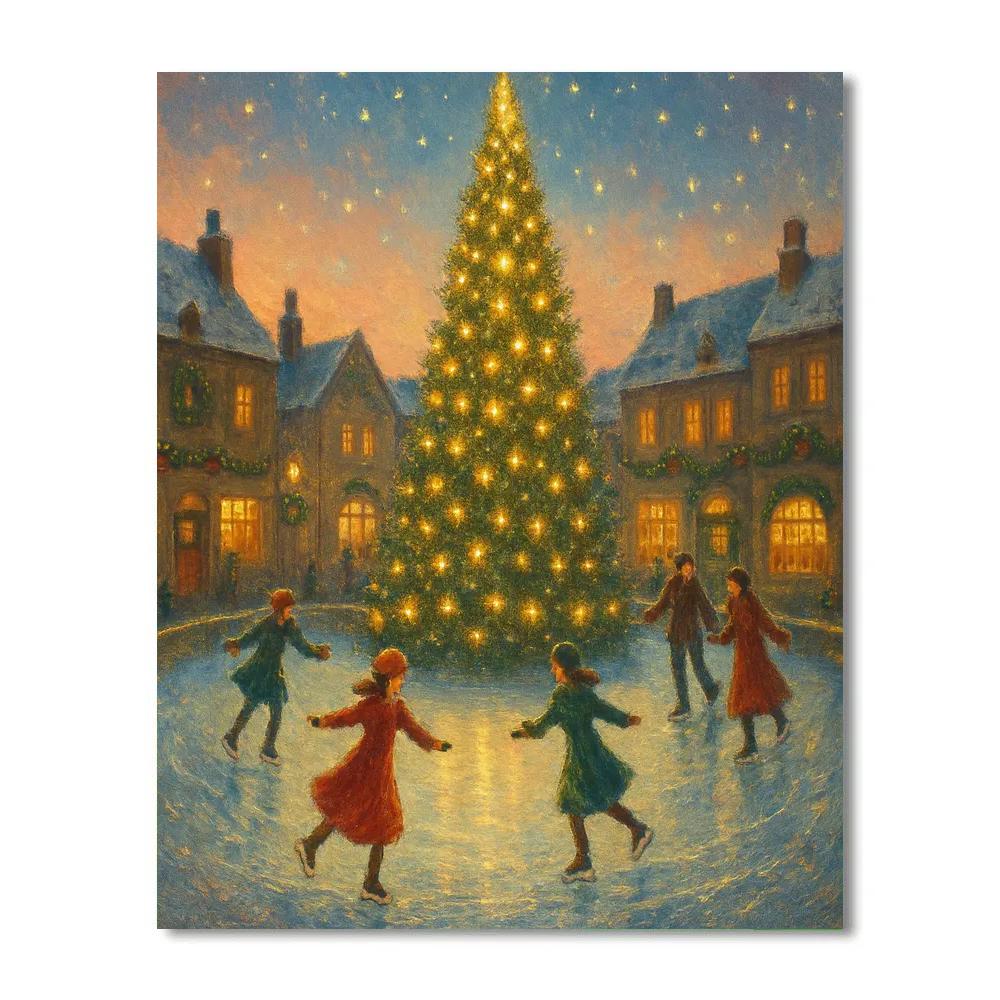 Ice Skaters Around The Glowing Pine Tree Fountain Paint by numbers art