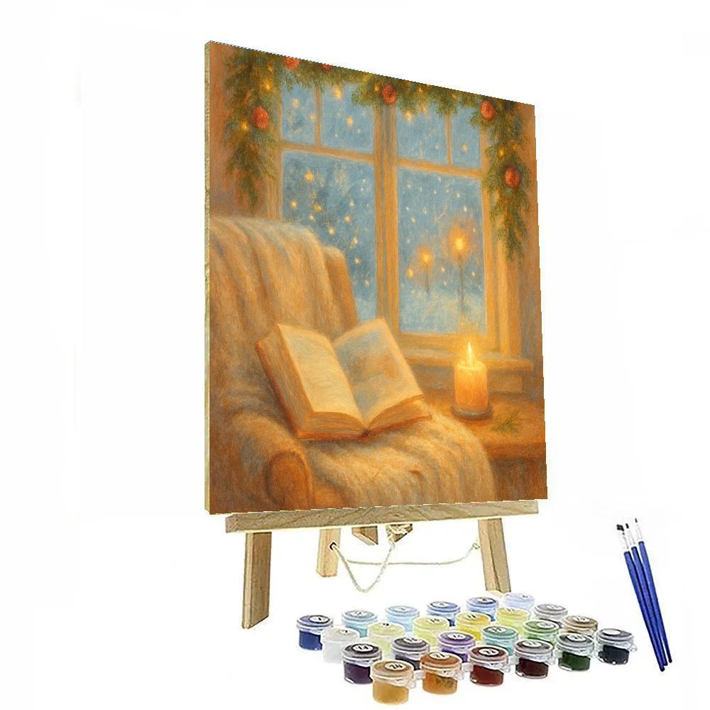 Candlelit Bookshelf By The Snowy Bay Window Paint by numbers art