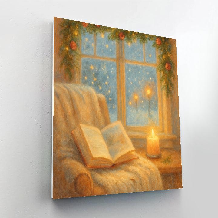 Candlelit Bookshelf By The Snowy Bay Window Paint by numbers art