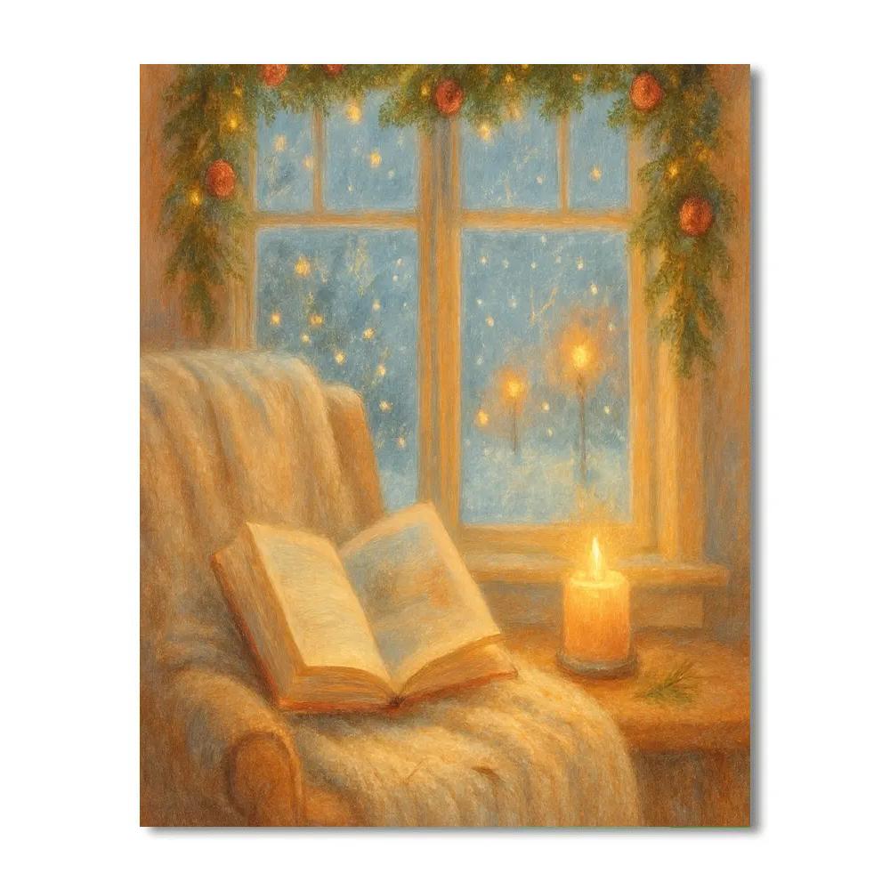 Candlelit Bookshelf By The Snowy Bay Window Paint by numbers art