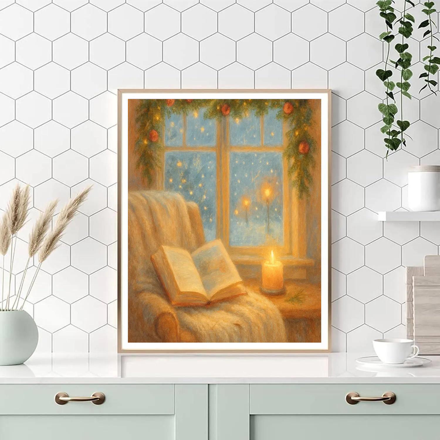 Candlelit Bookshelf By The Snowy Bay Window Paint by numbers art