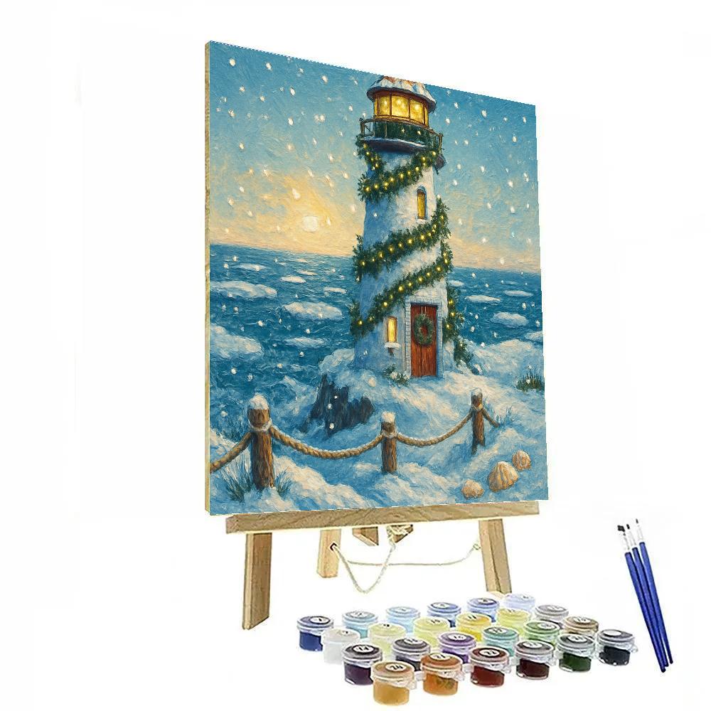 Winter Lighthouse Wrapped In Garland Glow Paint by numbers art
