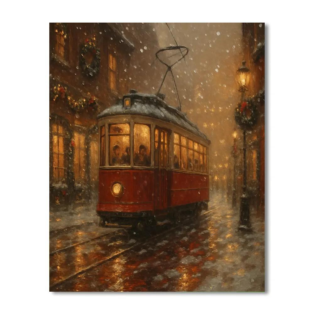 Festive Tram Ride Through The Snowy City Glow Numbered painting kits
