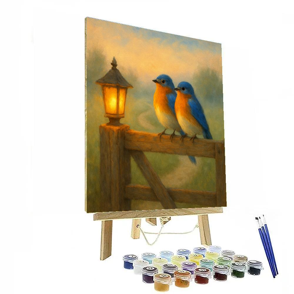 Lantern Light Bluebirds On A Country Gate Number painting