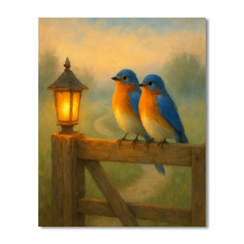 Lantern Light Bluebirds On A Country Gate Number painting
