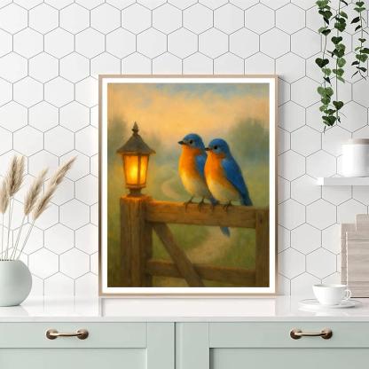 Lantern Light Bluebirds On A Country Gate Number painting