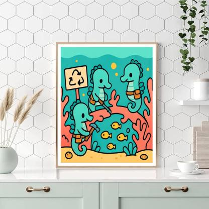 Coral Reef Rescue Squad Of Seahorse Engineers Number painting