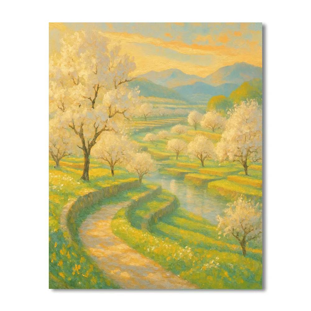 Apricot Dawn Over The Terraced Orchard Valley paint by numbers