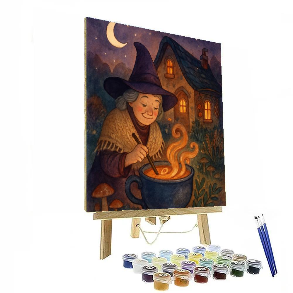 Witchs Teacup Cottage Under A Crescent Moon Paint by numbers art