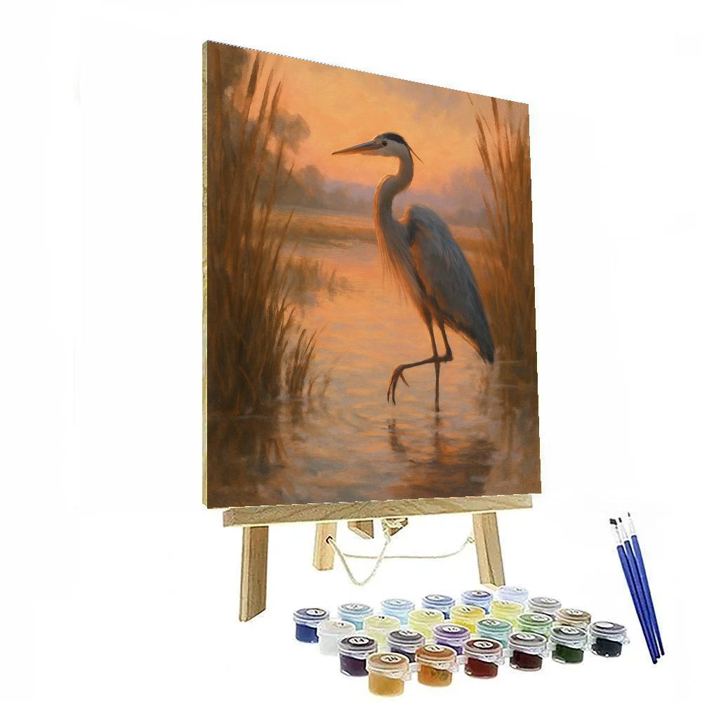 Golden Hour Heron In The Reeds paint by color