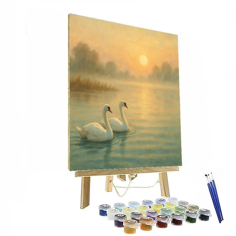 Misty Lake Swans At Daybreak Glow Painting by numbers kit