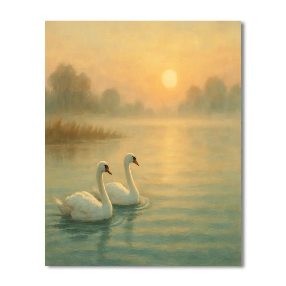 Misty Lake Swans At Daybreak Glow Painting by numbers kit