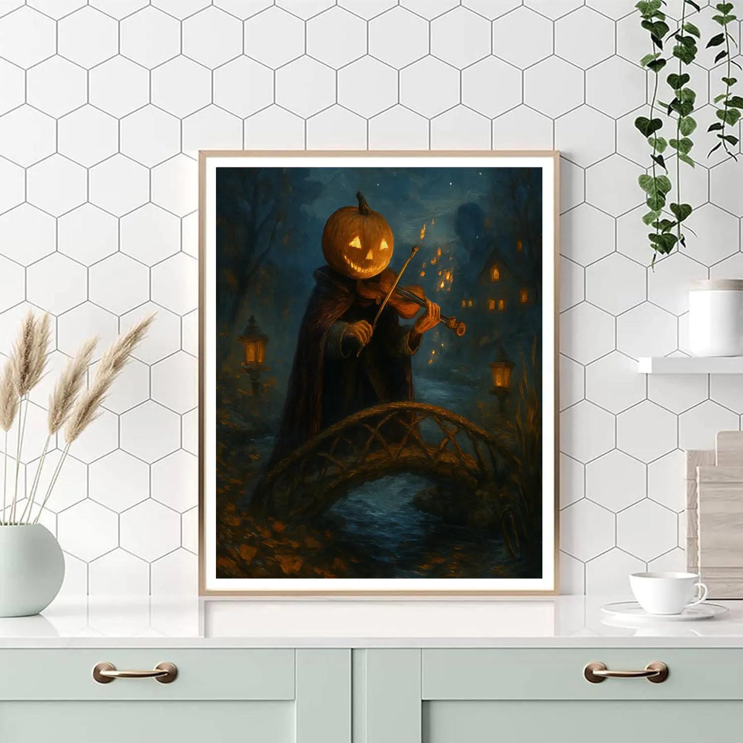 Pumpkin Headed Violinist At The Leaf Bridge paint by number