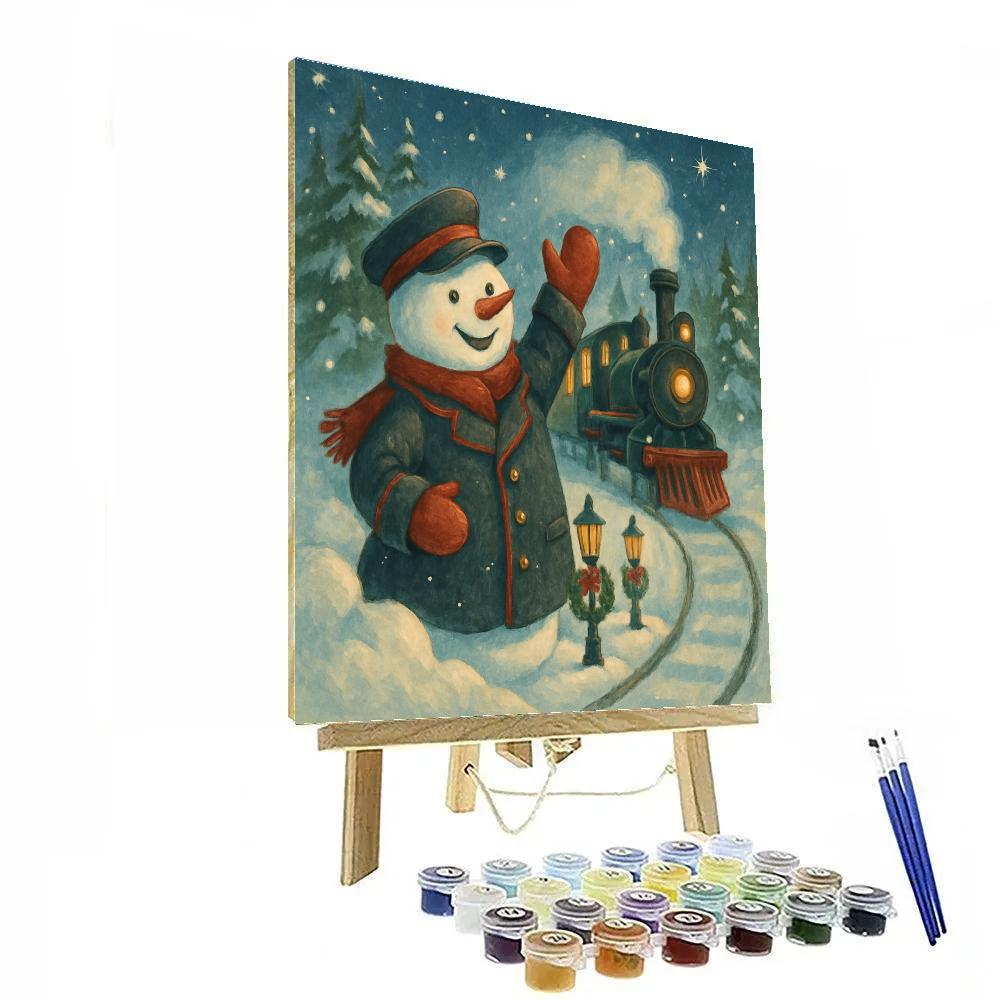 Snowman Conductor At The Pine Tree Station paint by numbers