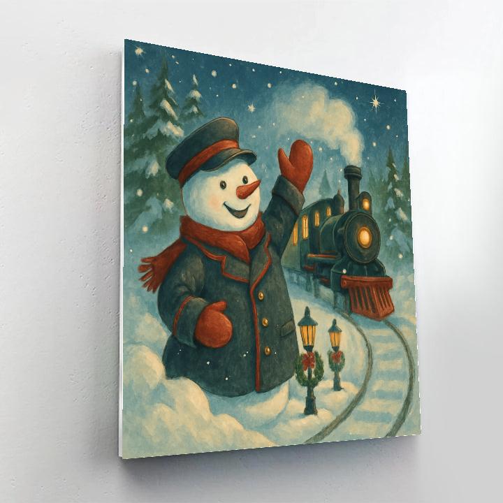 Snowman Conductor At The Pine Tree Station paint by numbers
