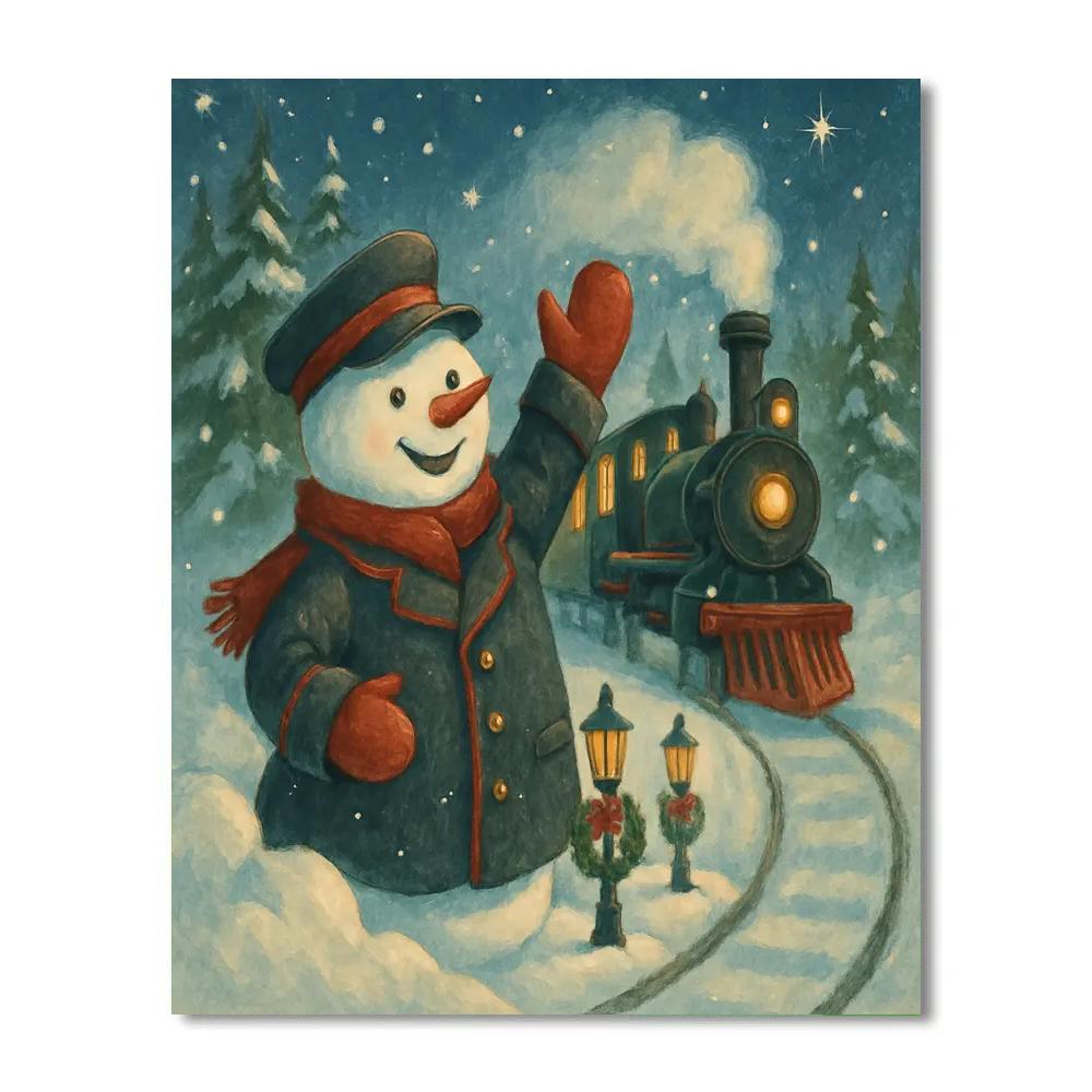 Snowman Conductor At The Pine Tree Station paint by numbers