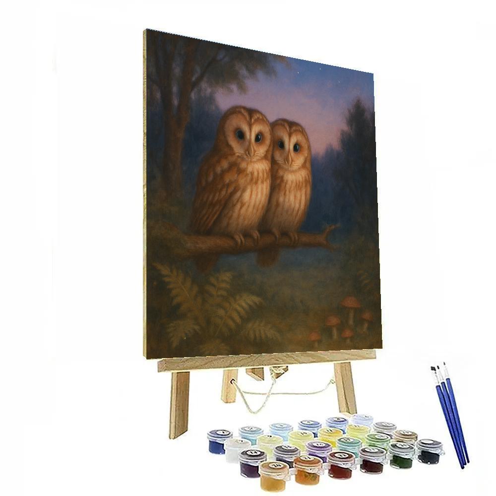 Twilight Owls In A Fern Lit Clearing painting number kit