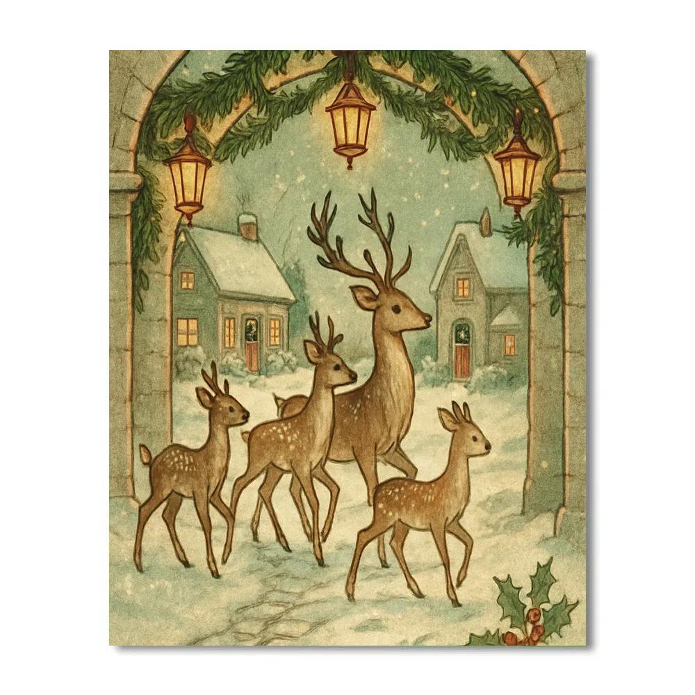 Reindeer Crossing Under Frosted Lantern Arches painting number kit