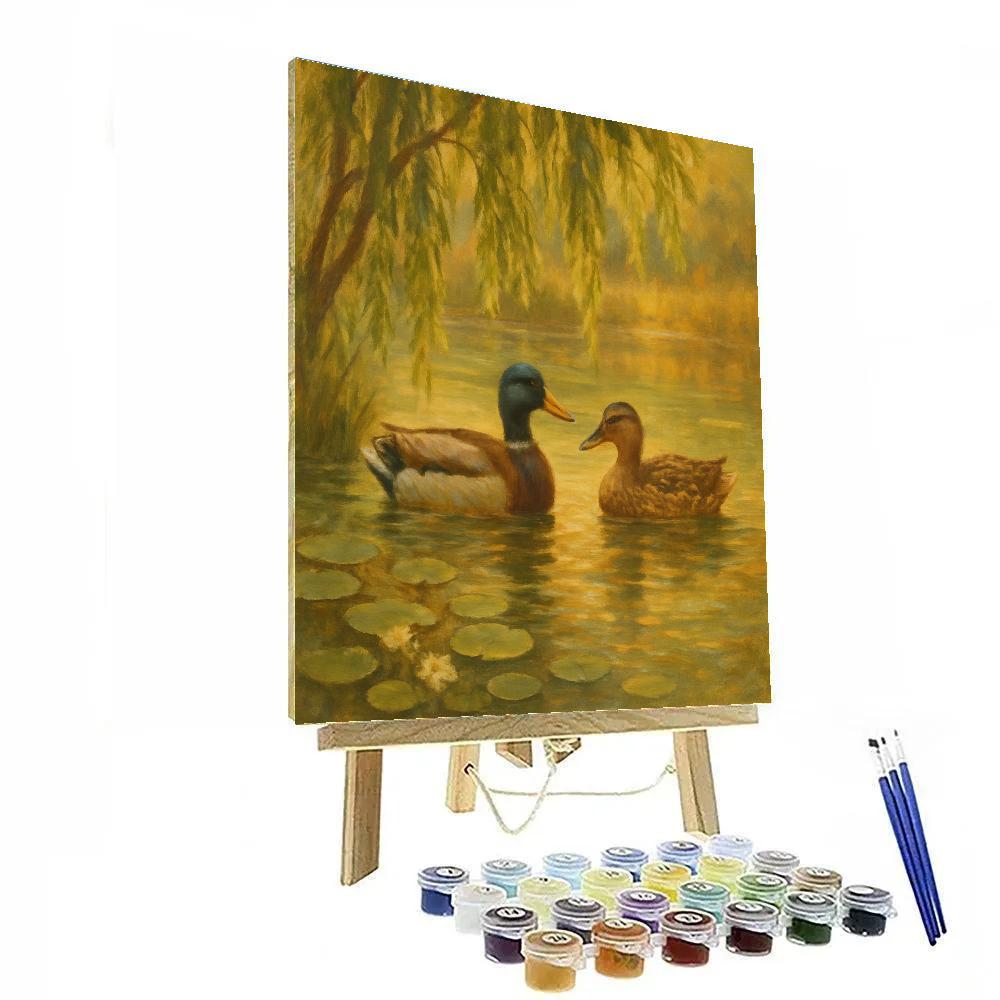 Cozy Pond Ducks Under Willow Shade Number painting
