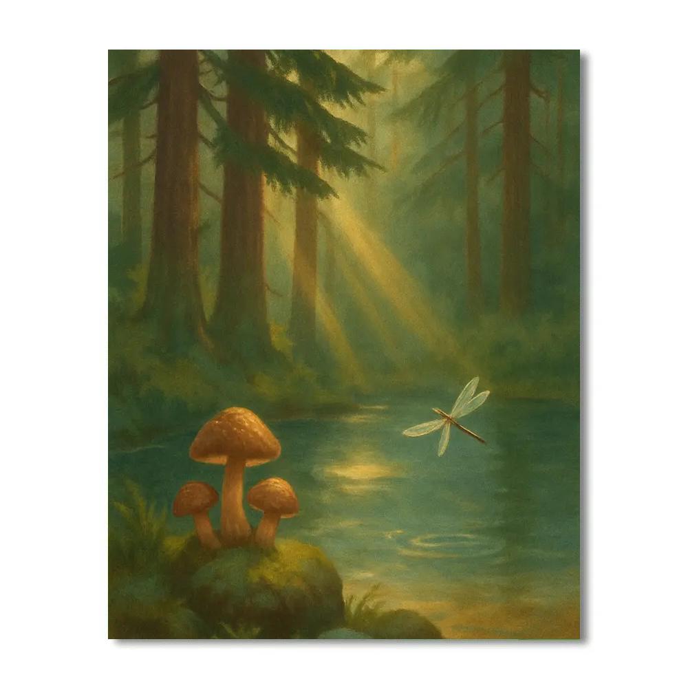 Hidden Forest Pond With Sunbeams Through Cedars Numbered painting kits
