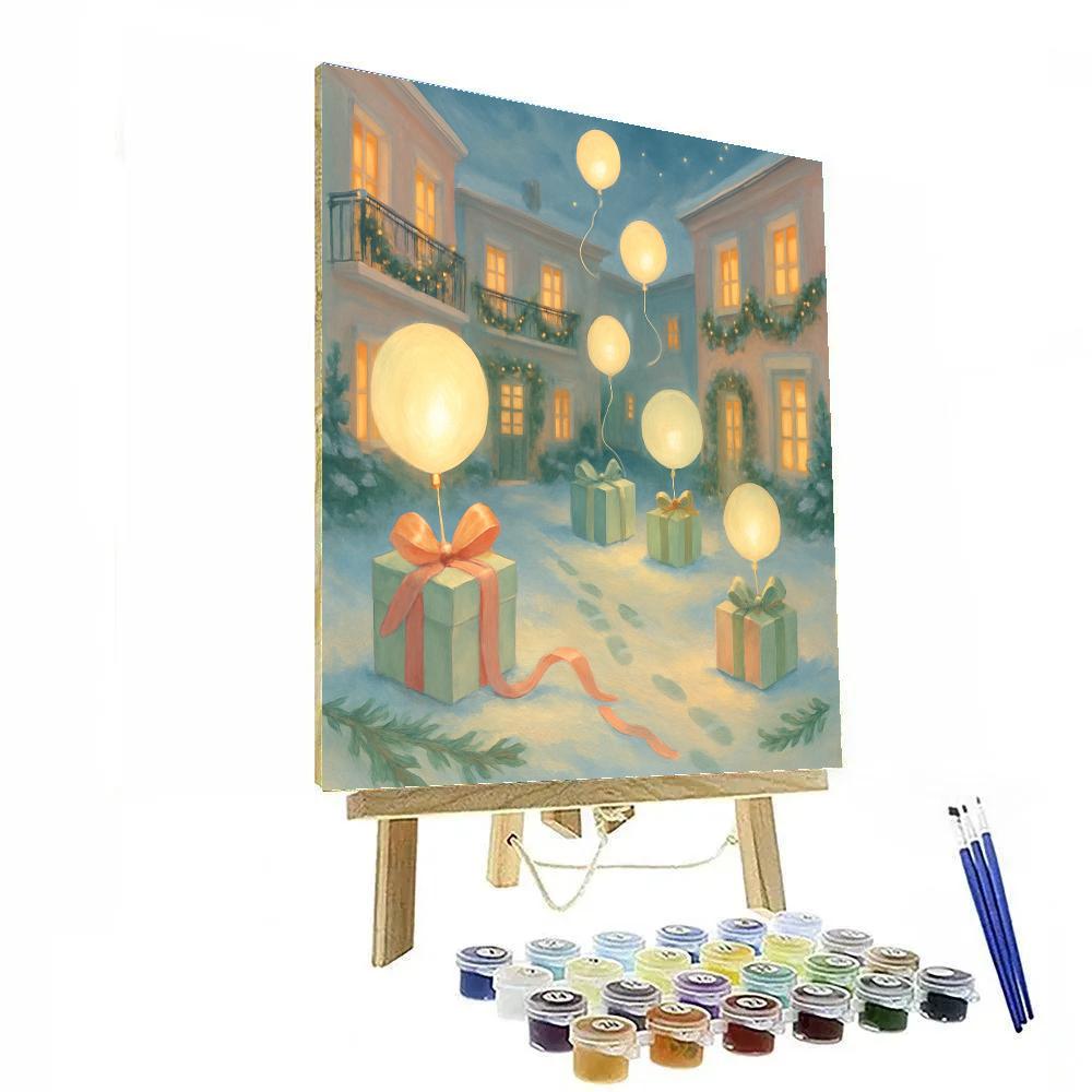 Snowy Courtyard With Floating Gift Balloons DIY paint by numbers
