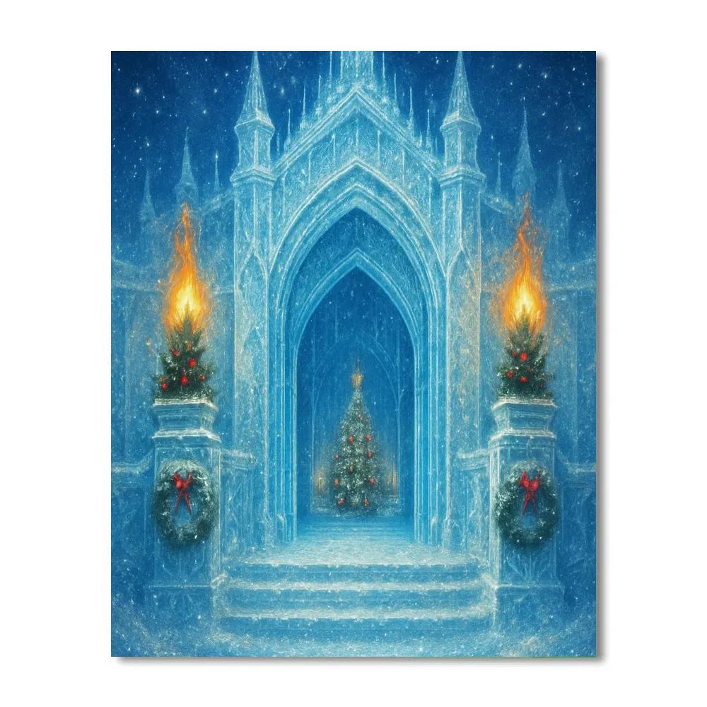 Ice Castle Gate With Evergreen Torches paint by number