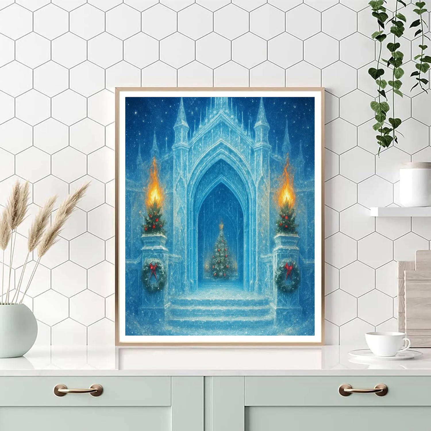 Ice Castle Gate With Evergreen Torches paint by number