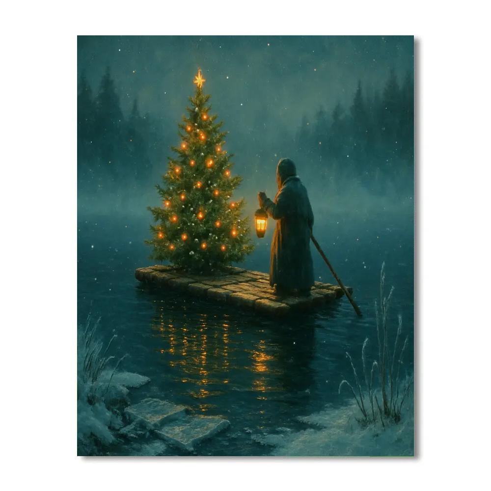 Christmas Tree Raft On The Snowy Lake painting number kit