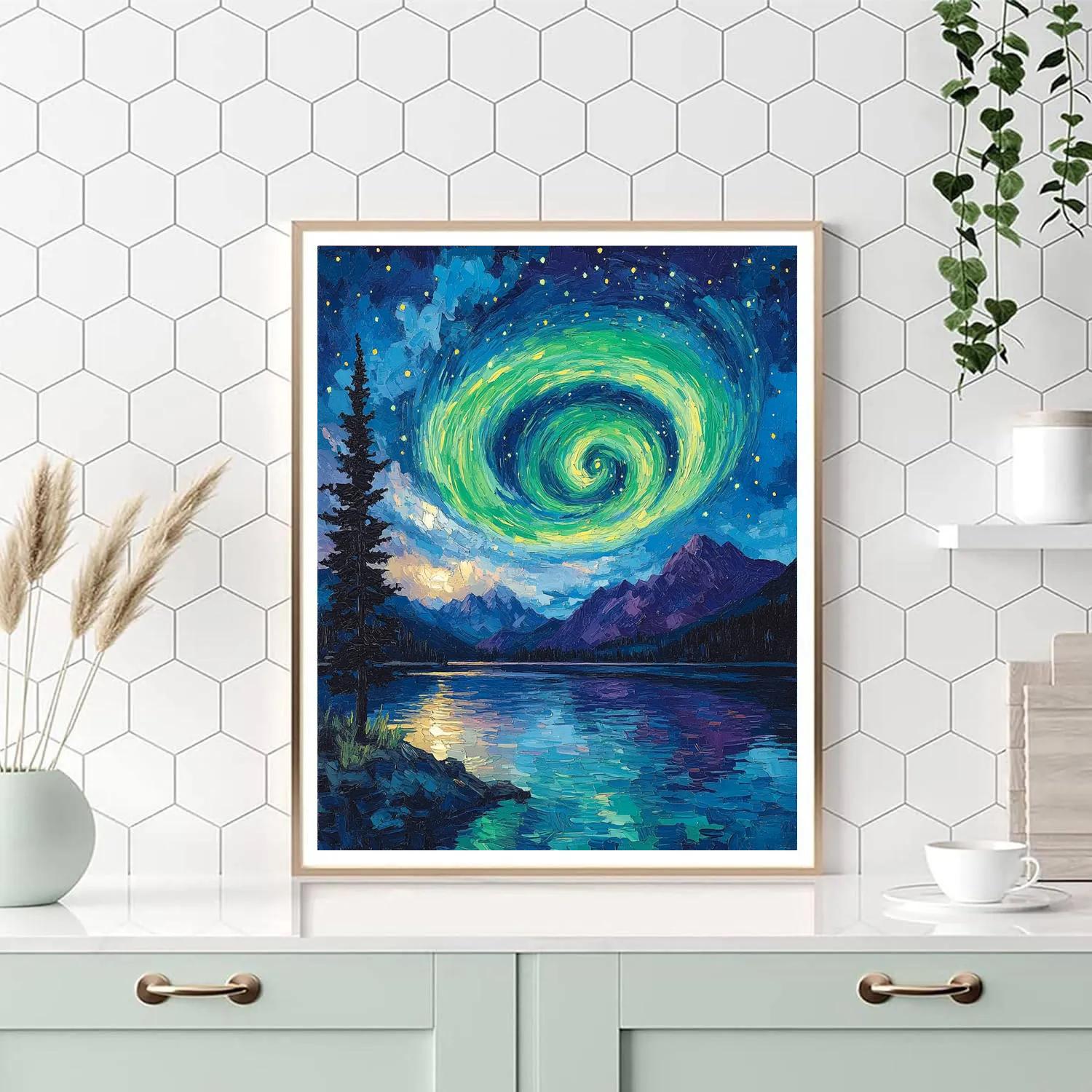 Van Gogh Inspired Aurora Over Mountain Lake Paint by numbers kits