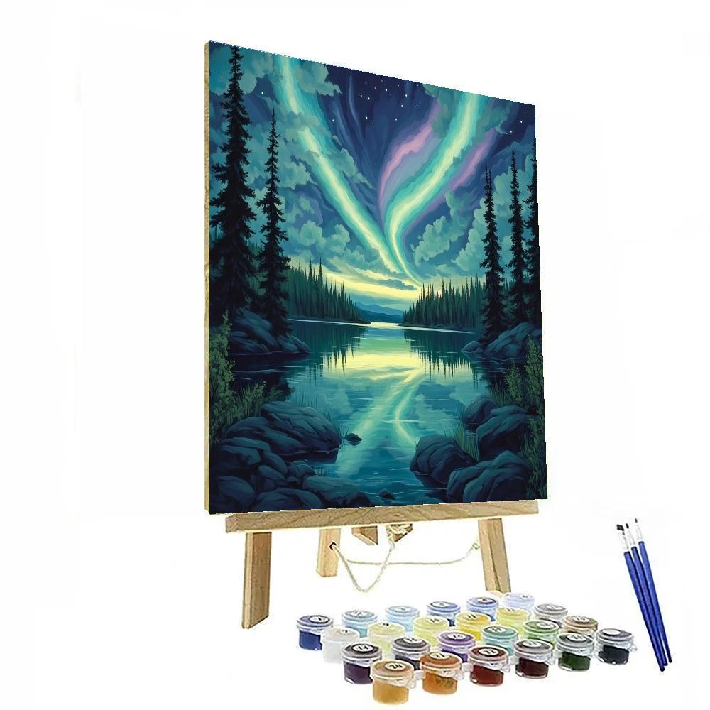 J. E. H. MacDonald Inspired Boreal Aurora Over Shimmering Lake Number painting