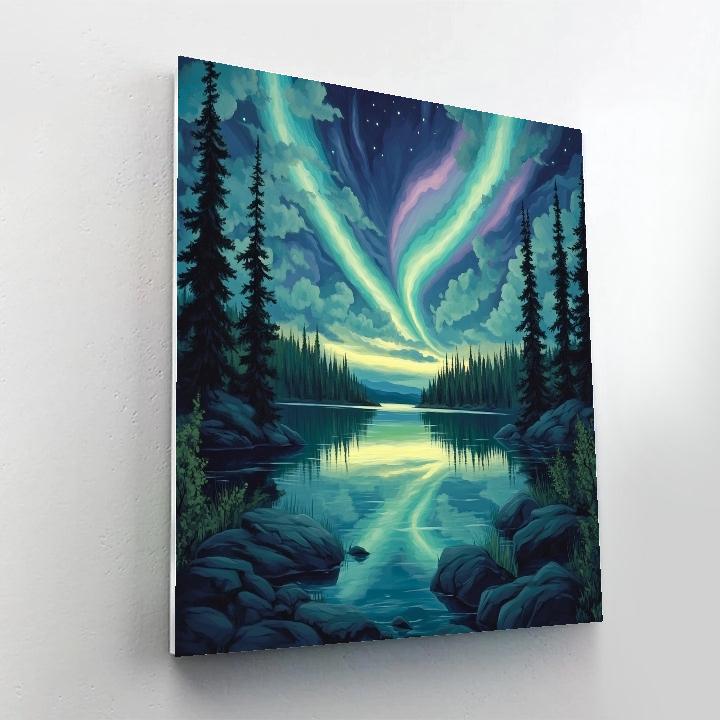J. E. H. MacDonald Inspired Boreal Aurora Over Shimmering Lake Number painting