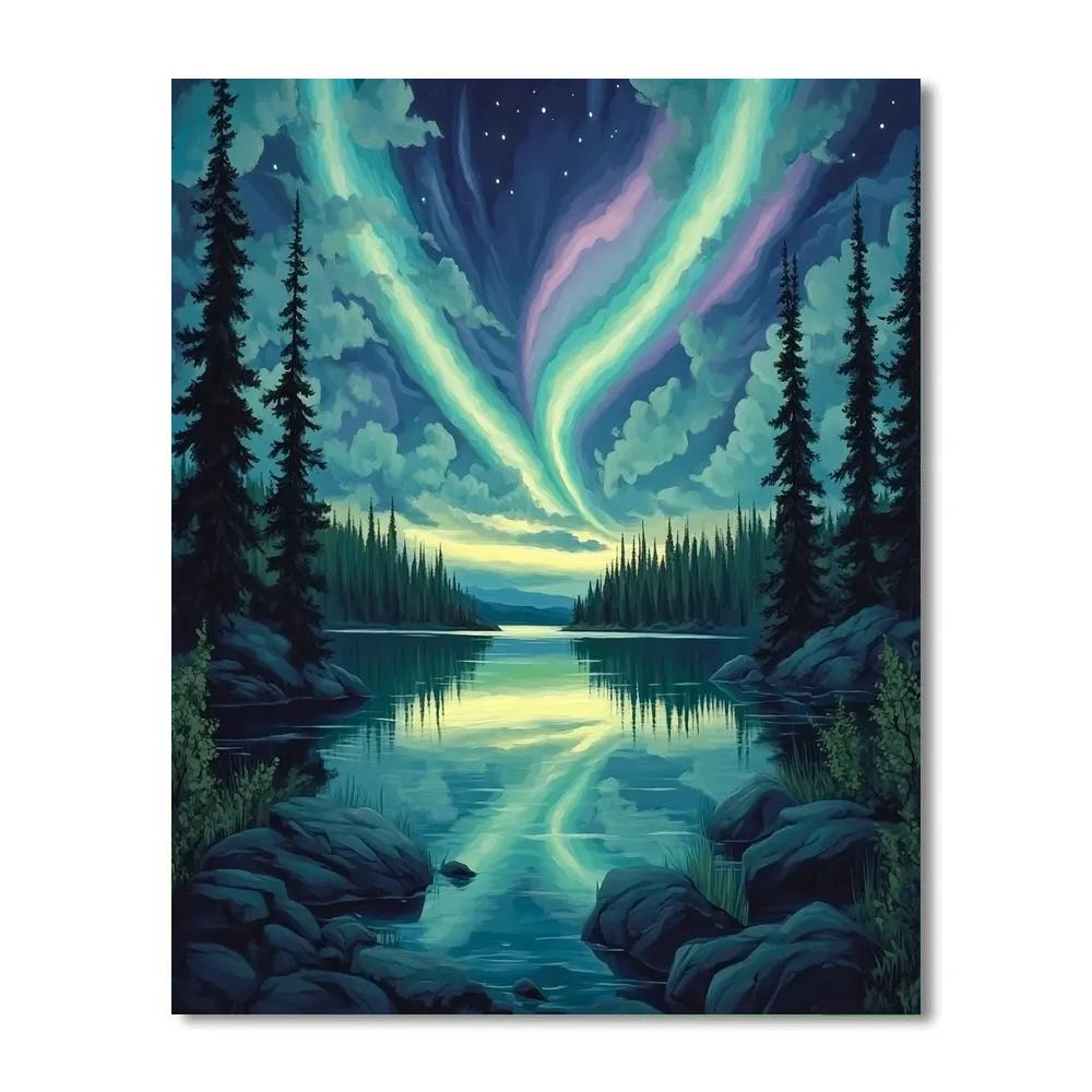J. E. H. MacDonald Inspired Boreal Aurora Over Shimmering Lake Number painting