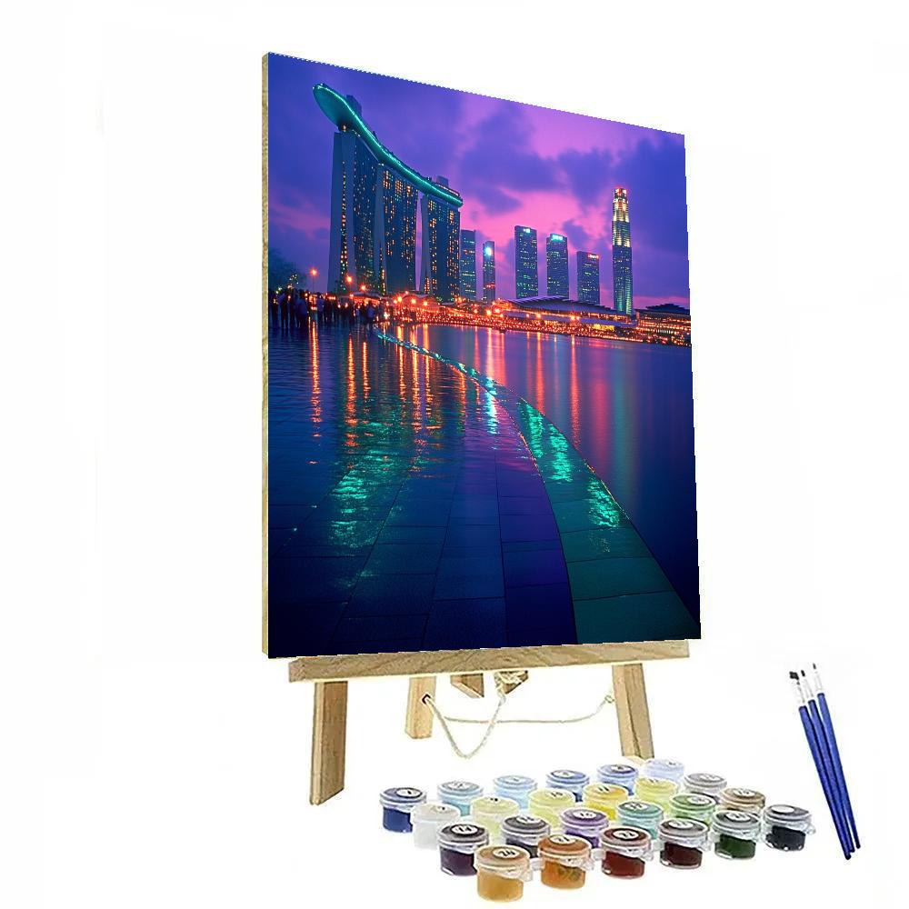 Skyline Reflections At Marina Bay Sands Promenade Singapore paint by number