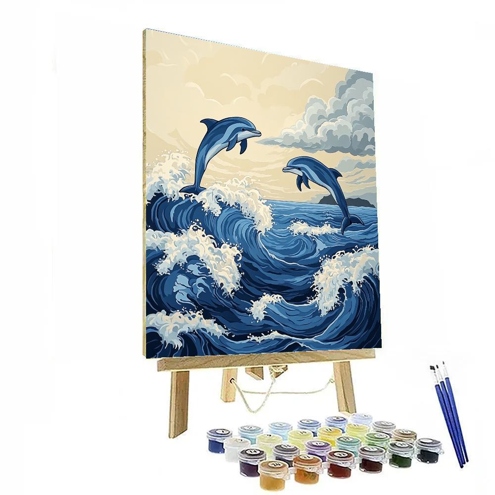 Katsushika Hokusai Inspired Stormy Ocean Dolphins paint by numbers
