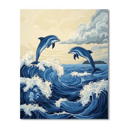 Katsushika Hokusai Inspired Stormy Ocean Dolphins paint by numbers