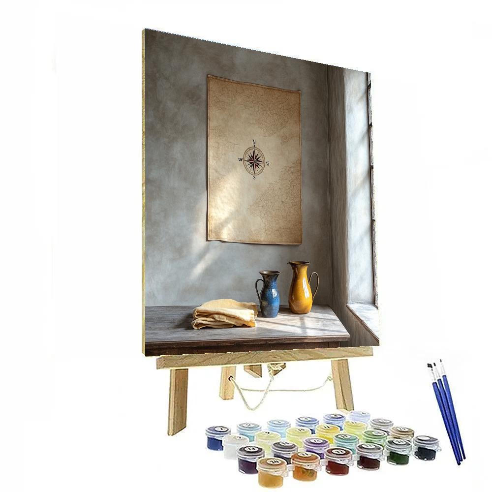 Johannes Vermeer Inspired Sunbeam Over Delft Map And Brass Compass Rose Numbered painting kits