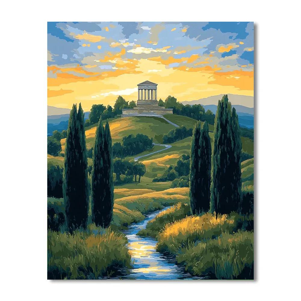 Raphael Inspired Distant Temple Under Harmonious Dawn Sky paint by numbers