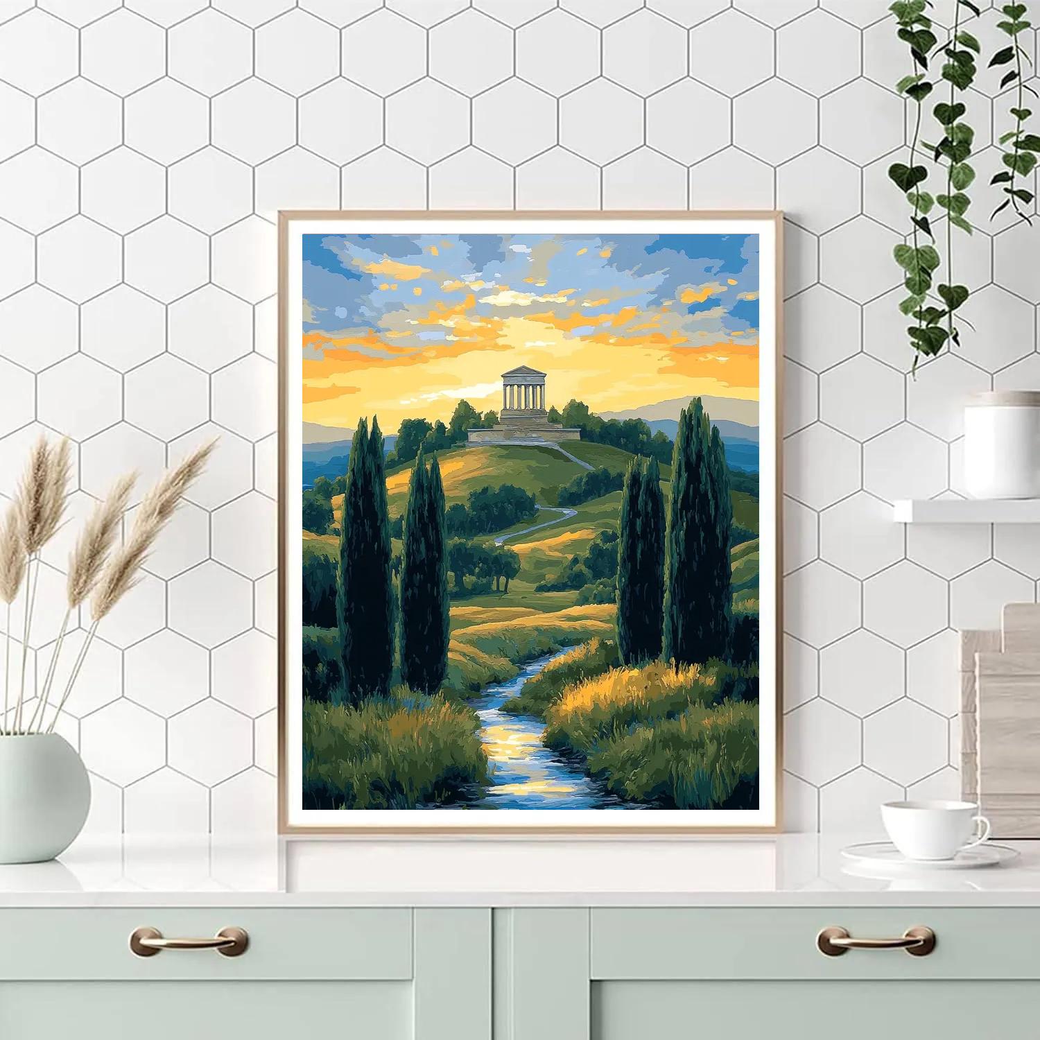 Raphael Inspired Distant Temple Under Harmonious Dawn Sky paint by numbers