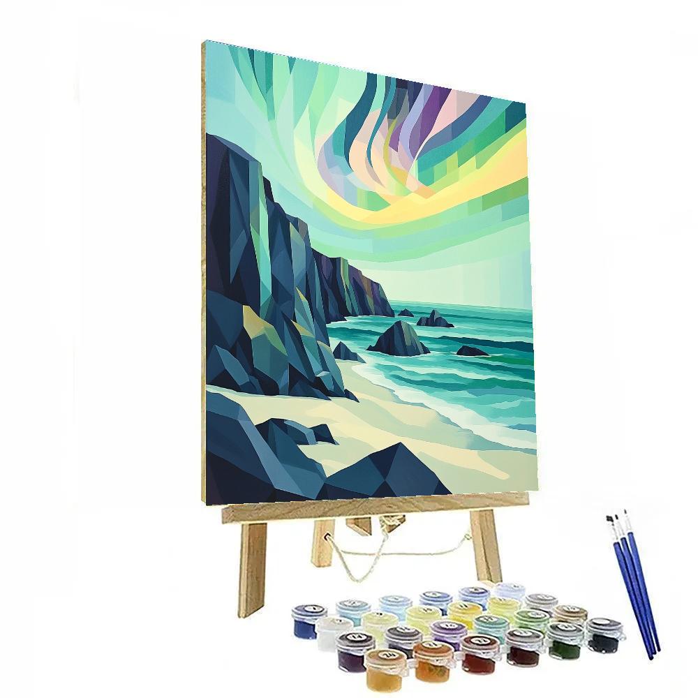 Pablo Picasso Inspired Geometric Coastline Under Prismatic Aurora Numbered painting kits