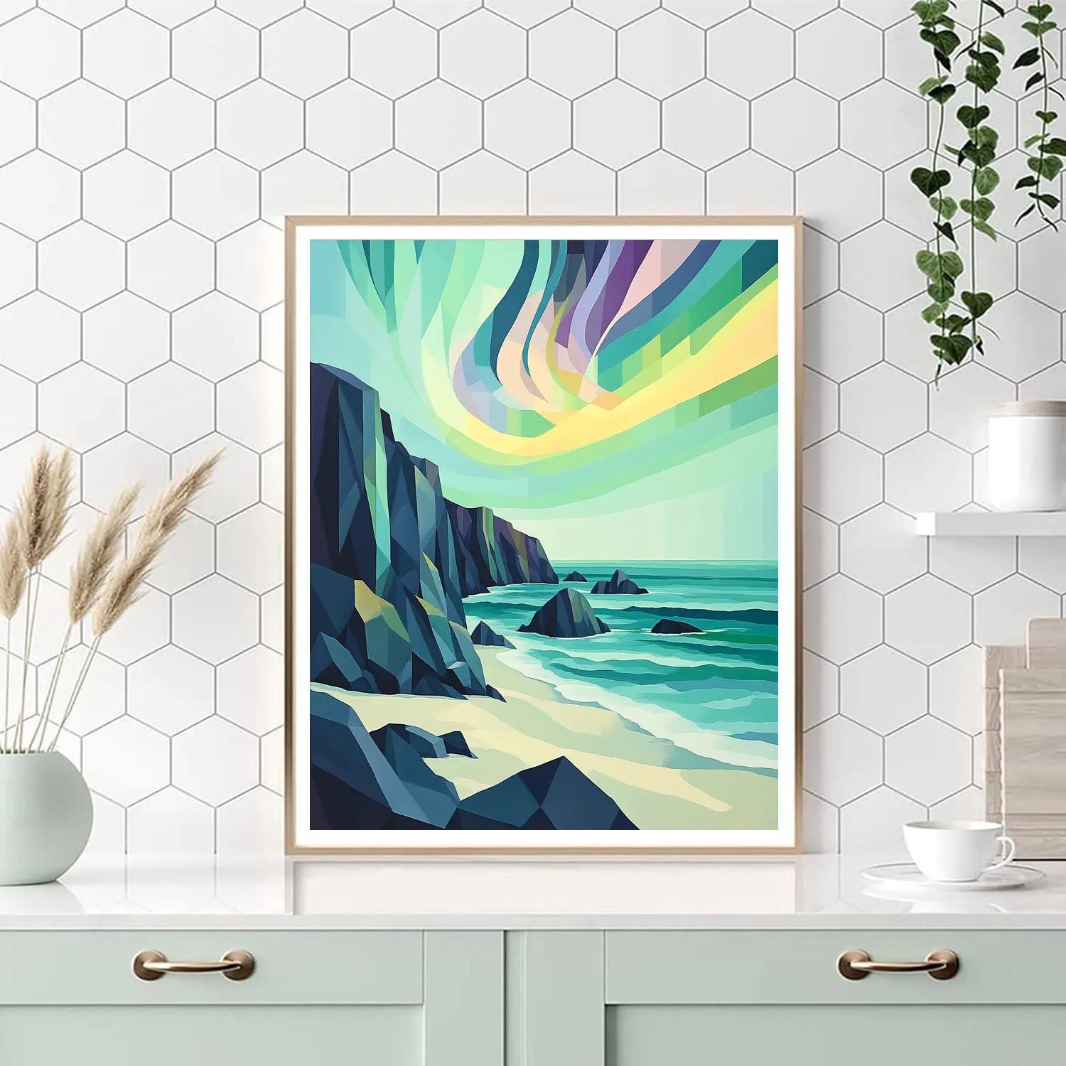 Pablo Picasso Inspired Geometric Coastline Under Prismatic Aurora Numbered painting kits