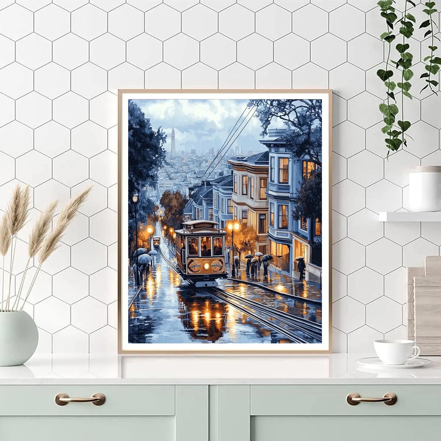 Cable Car Climb On A Rainy Street San Francisco United States DIY paint by numbers