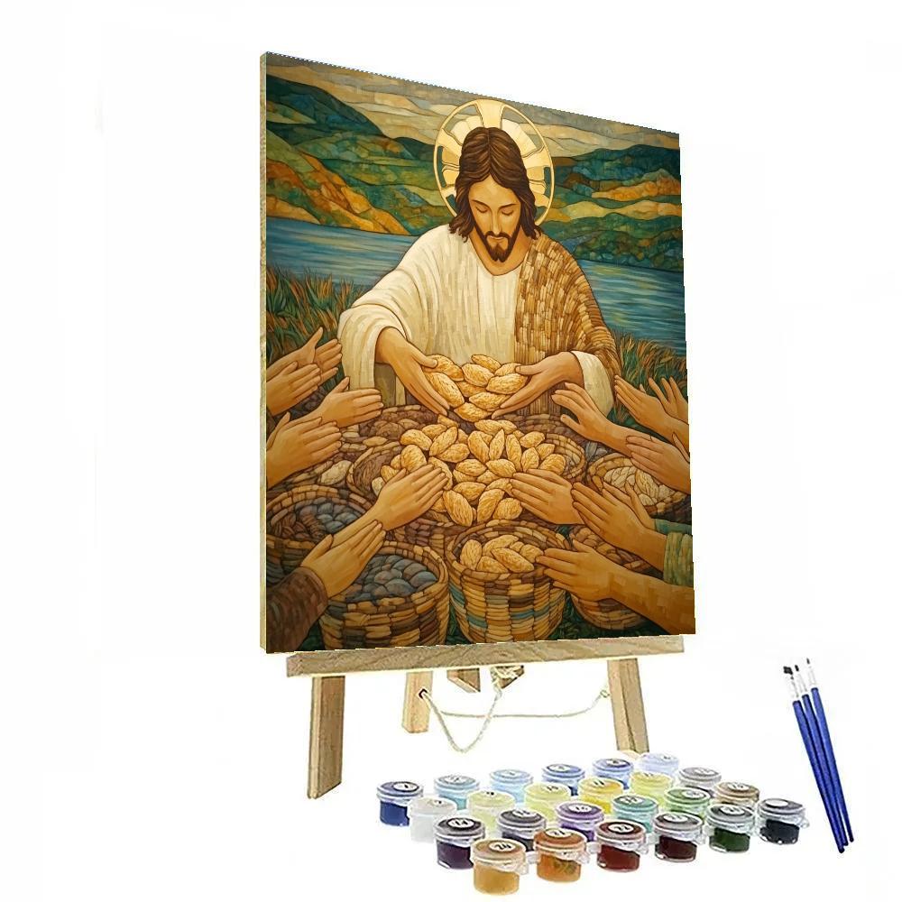 Loaves And Fish With Jesus In Shared Hands paint by color