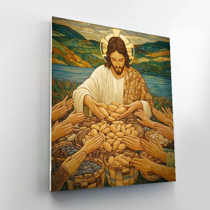 Loaves And Fish With Jesus In Shared Hands paint by color