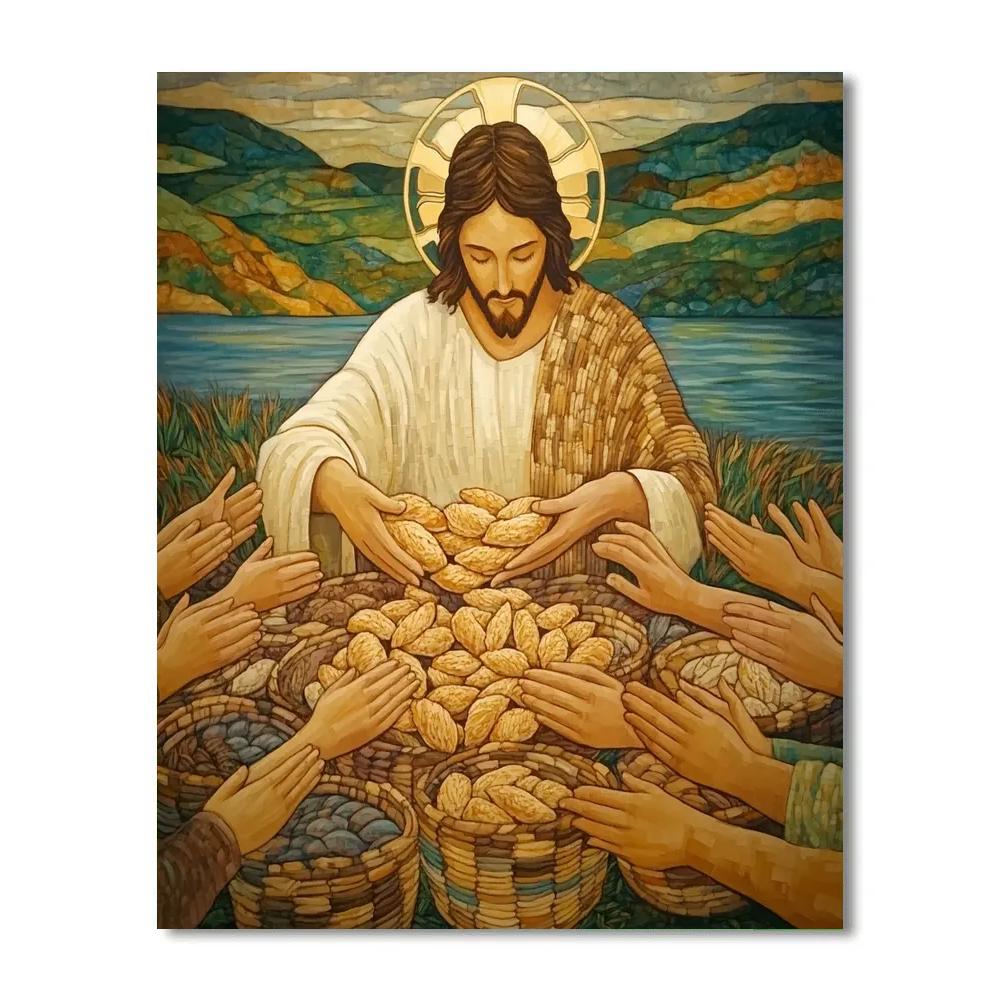 Loaves And Fish With Jesus In Shared Hands paint by color